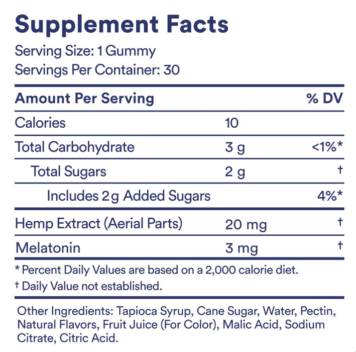 Not Pot - CBD Edible - Blueberry Melatonin Sleep Gummies - 20mg - Supplement Facts