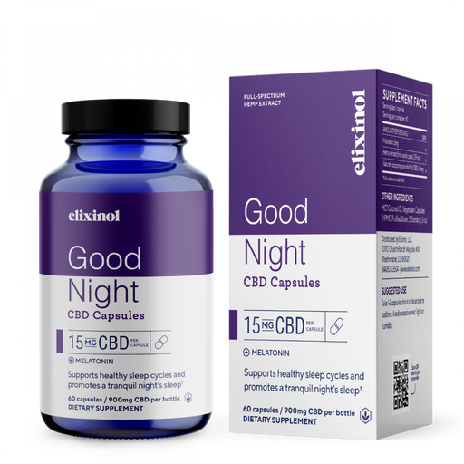 Elixinol - CBD Capsules - Good NIght CBD Capsules - Full Spectrum - Box & Bottle