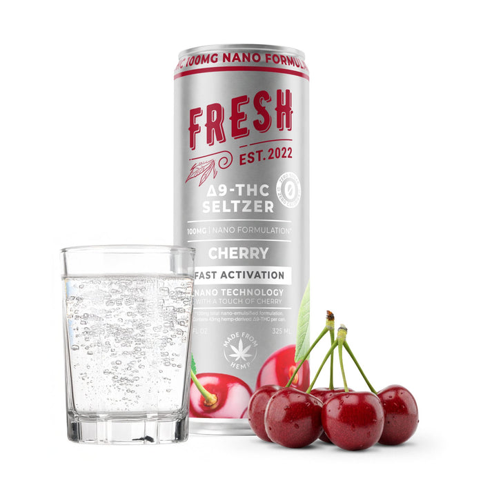 Fresh Delta 9 THC Seltzer Cherry 100mg (12oz Can) can with glass
