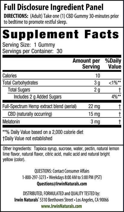 Irwin Naturals CBD + Melatonin Gummies 15mg supplement facts | CBDdatabase.com