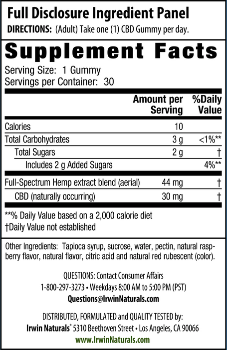 Irwin Naturals CBD Gummies Raspberry Ripple 30mg supplement facts | CBDdatabase.com