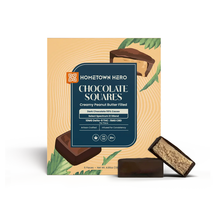 Hometown Hero Dark Chocolate Peanut Butter Squares THC + CBD (10mg to 50mg) | CBDdatabase.com
