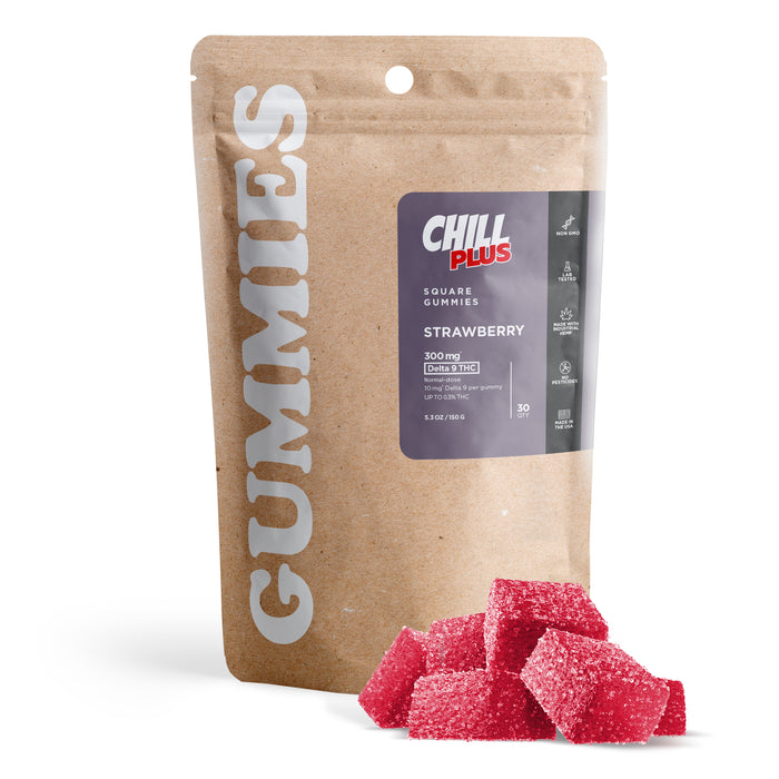 Chill Plus Delta 9 Gummies Strawberry 10mg (30 Count) pack with gummies