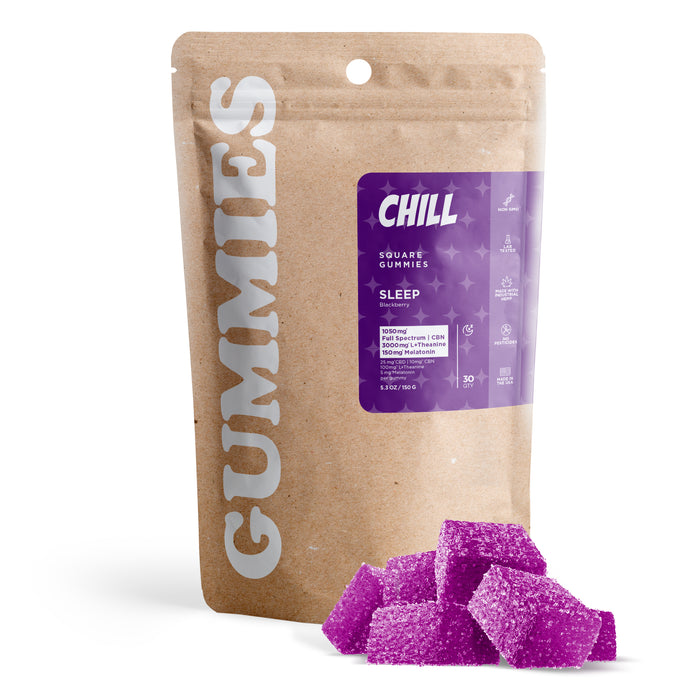 Chill Full Spectrum CBD CBN Melatonin L-Theanine Gummies Blackberry 140mg (30 Count) pack with gummies