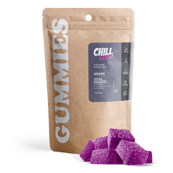 Chill Plus Delta 9 Gummies Grape 15mg (30 Count) pack with gummies