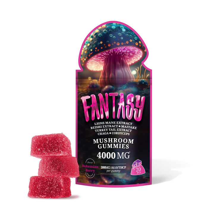 Fantasy Delta 8 + Delta 9 + THCP Mushroom Blend Gummies Bohemian Berry 200mg (20 Count) pack with gummies