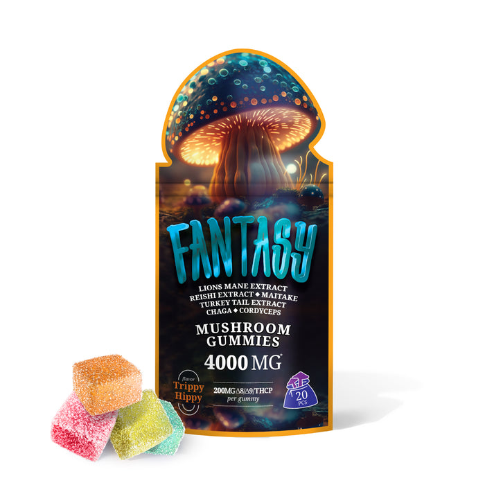 Fantasy Delta 8 + Delta 9 + THCP Mushroom Blend Gummies Trippy Hippy 200mg (20 Count) pack with gummies