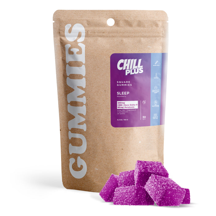 Chill Plus Delta 9 CBN Melatonin Gummies Blackberry 20mg (30 Count) pack with gummies