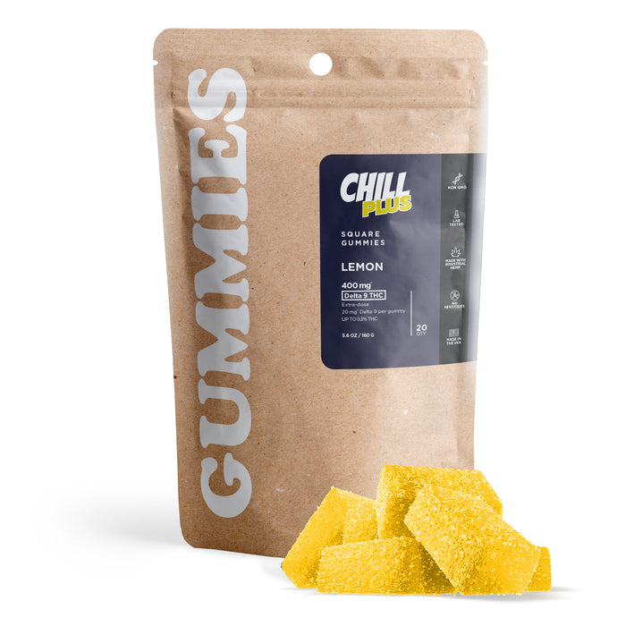Chill Plus Delta 9 Gummies Lemon 20mg (20 Count) pack with gummies
