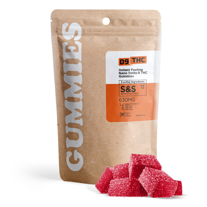 D9 THC Instant Feeling Nano Gummies Sweet and Sour 21mg (30 Count) pack with gummies