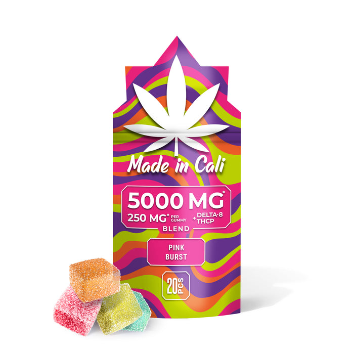 Made In Cali Delta 8 + THCP Gummies Pink Burst 250mg (20 Count) pack with gummies