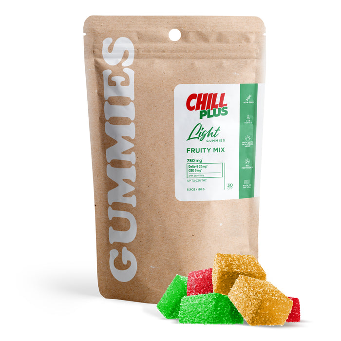 Chill Plus Delta 8 + CBD Gummies Fruity Mix 25mg (30 Count) pack with gummies