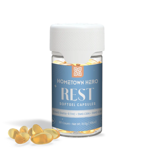 Hometown Hero Rest Delta 8 + CBN + CBD Capsules (25mg to 50mg) | CBDdatabase.com