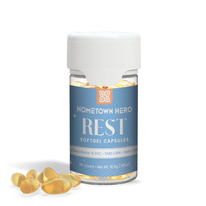 Hometown Hero Rest Delta 8 + CBN + CBD Capsules (25mg to 50mg) | CBDdatabase.com