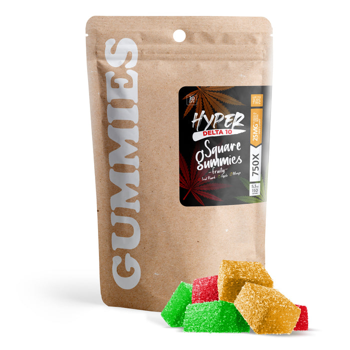 Hyper Delta 8 + Delta 10 Gummies Fruity Mix 25mg (30 Count) pack with gummies