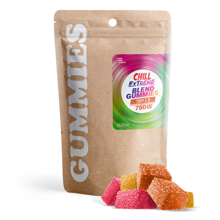 Chill Extreme Triple D Blend Delta 8 + Delta 9 + Delta 10 Gummies 25mg (30 Count) pack with gummies