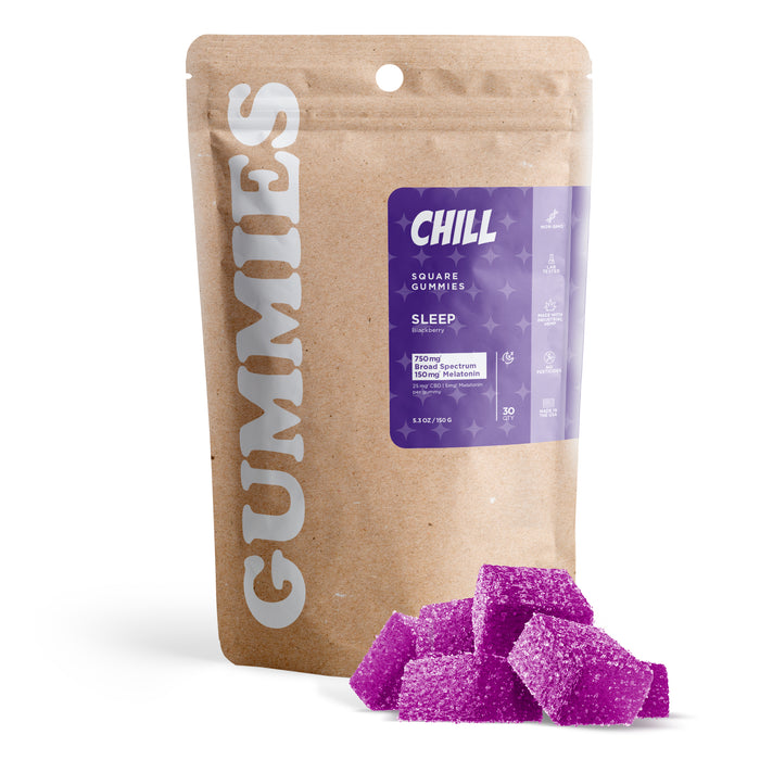 Chill Sleep Gummies Broad Spectrum CBD and Melatonin Blackberry 30mg (30 Count) pack with gummies