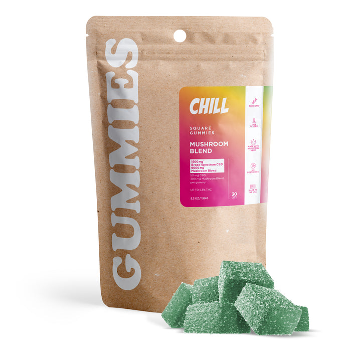 Chill Broad Spectrum CBD and Mushroom Blend Gummies 50mg (30 Count) pack with gummies