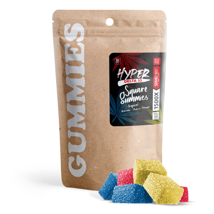 Hyper Delta 8 + Delta 10 Gummies Tropical Mix 50mg (30 Count) pack with gummies