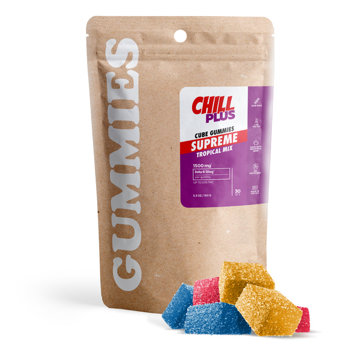 Chill Plus Delta 8 Gummies Tropical Mix 50mg (30 Count) pack with gummies