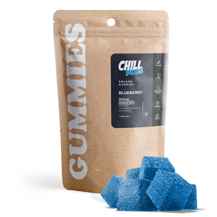 Chill Plus Delta 9 Gummies Blueberry 50mg (10 Count) pack with gummies