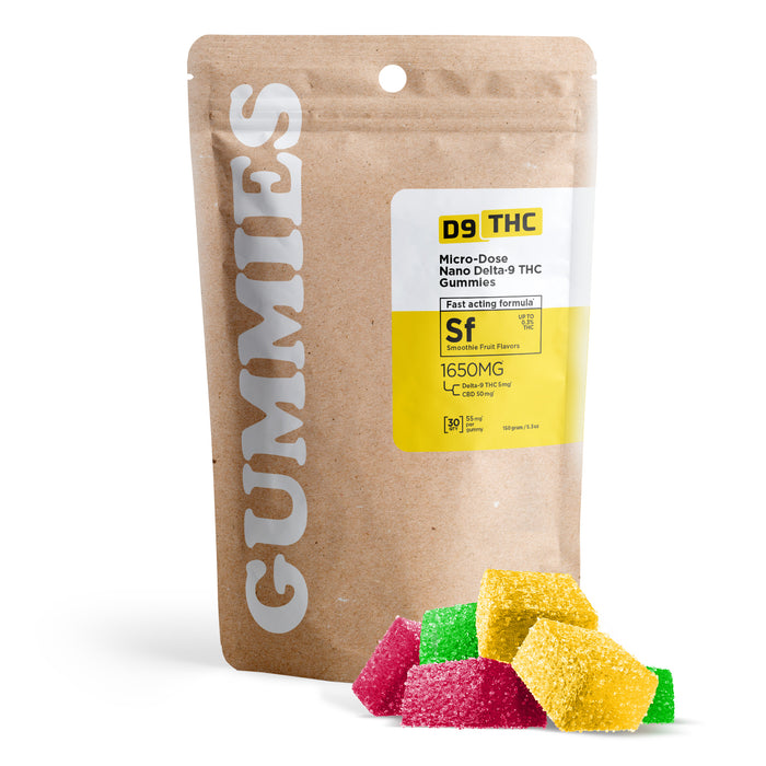 D9 THC Delta 9 + CBD Isolate Gummies 55mg (30 Count) pack with gummies