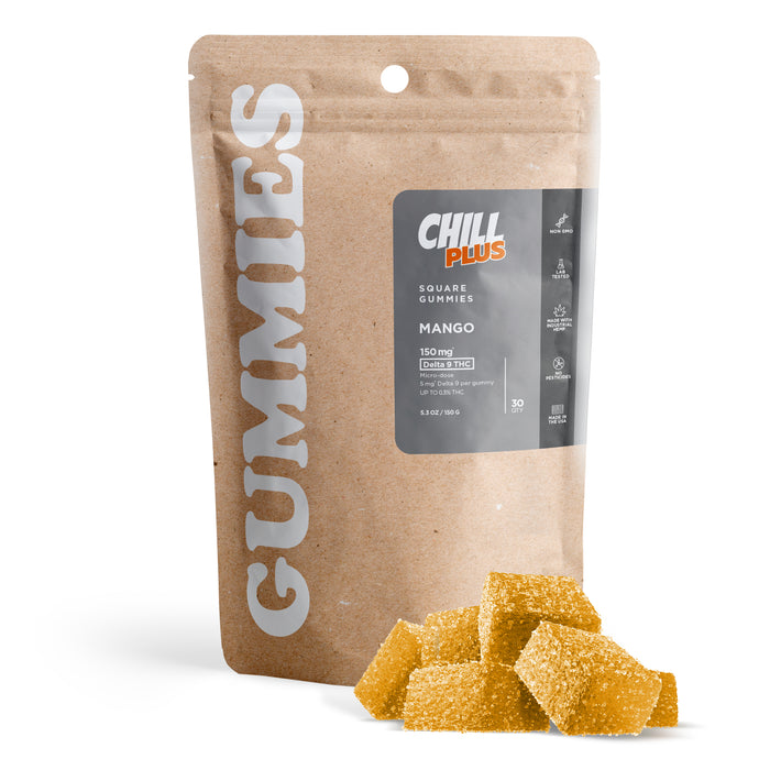 Chill Plus Delta 9 Gummies Mango 5mg (30 Count) pack with gummies