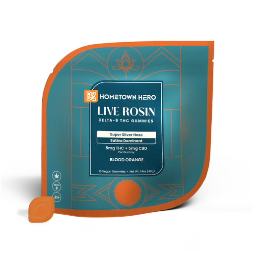 Hometown Hero Live Rosin Delta 9 + CBD Gummies Blood Orange Super Silver Haze 5mg (10 Count) | CBDdatabase.com