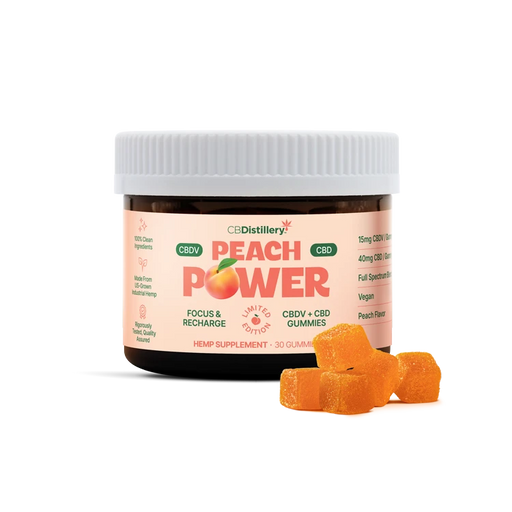 CBDistillery Peach Power Full Spectrum CBDV and CBD Gummies Peach 55mg (30 Count) jar with gummies