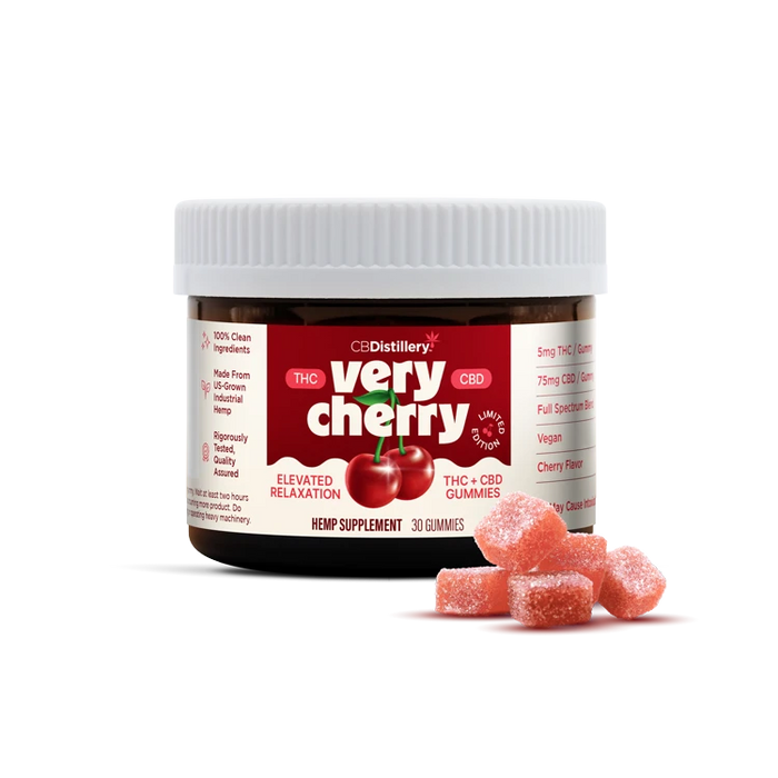 CBDistillery Very Cherry Full Spectrum Delta 9 THC and CBD Gummies Cherry 80mg (30 Count) jar with gummies