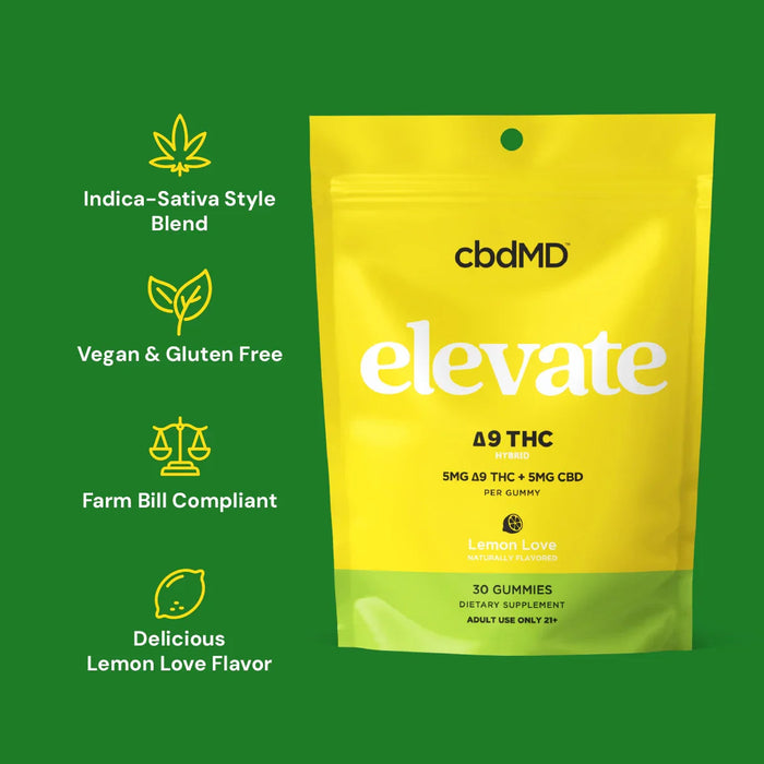 cbdMD Elevate Delta 9 THC and CBD Gummies Lemon Love 5mg (30 Count)