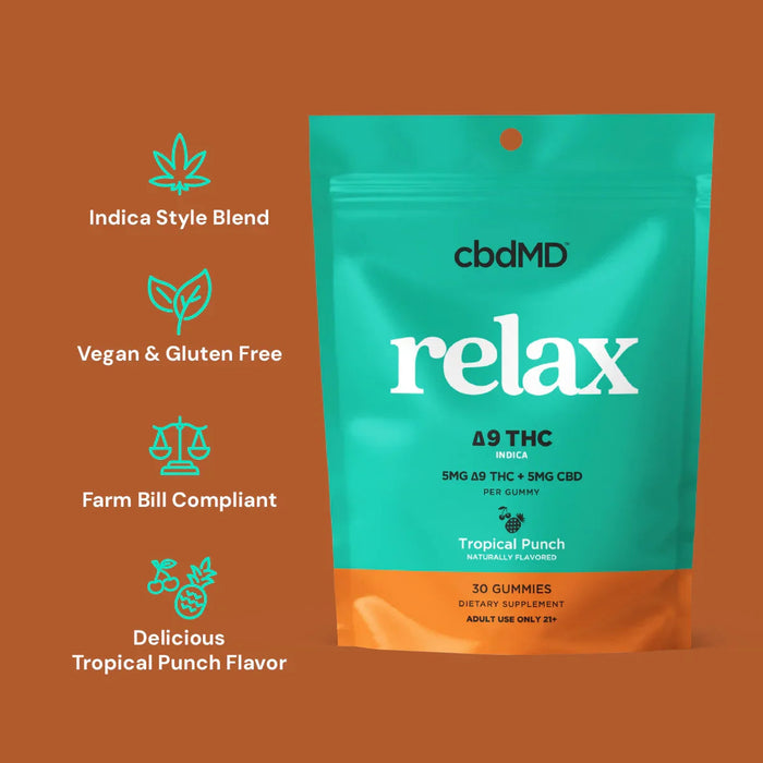 cbdMD Relax Delta 9 THC and CBD Gummies Tropical Punch 5mg (30 Count)