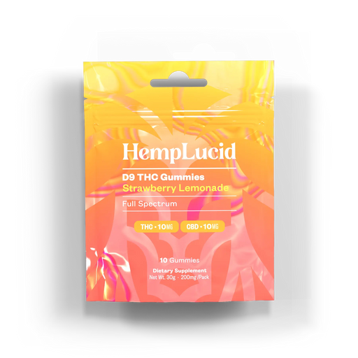 HempLucid Delta 9 THC Gummies Strawberry Lemonade 10 count bag, front | CBDdatabase.com