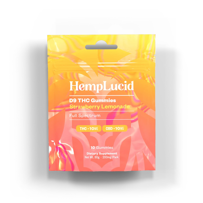 HempLucid Delta 9 THC Gummies Strawberry Lemonade 10 count bag, front | CBDdatabase.com