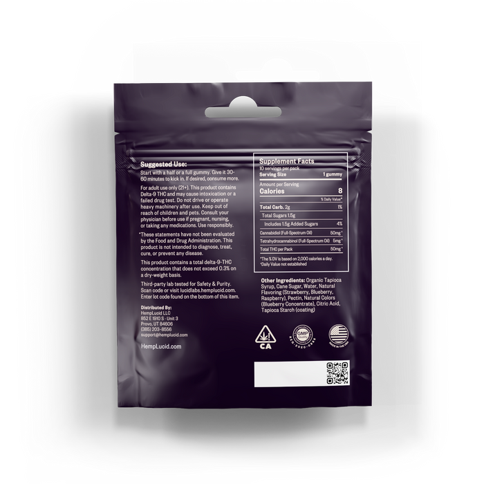 HempLucid Delta 9 THC Gummies Mixed Berry 10 count bag, back label | CBDdatabase.com