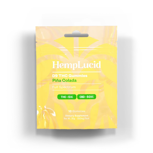 HempLucid Delta 9 THC Gummies Piña Colada 10 count bag, front | CBDdatabase.com