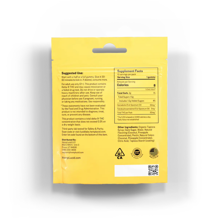 HempLucid Delta 9 THC Gummies Piña Colada 10 count bag, back label | CBDdatabase.com