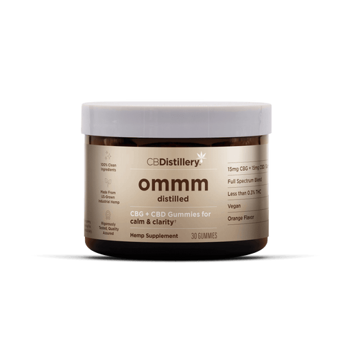 CBDistillery ommm Distilled Full Spectrum CBG and CBD Gummies 30mg (30 Count) Orange jar with gummies