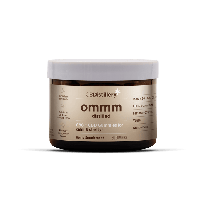 CBDistillery ommm Distilled Full Spectrum CBG and CBD Gummies 30mg (30 Count) Orange jar with gummies