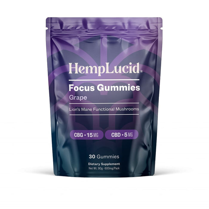 HempLucid Focus Mushroom CBG Gummies Grape 30 count pouch, front | CBDdatabase.com