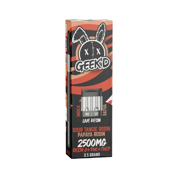 Geek'd Live Resin Delta 8 and THCP Disposable Vape Sour Tangie Rosin and Papaya Rosin 2.5g
