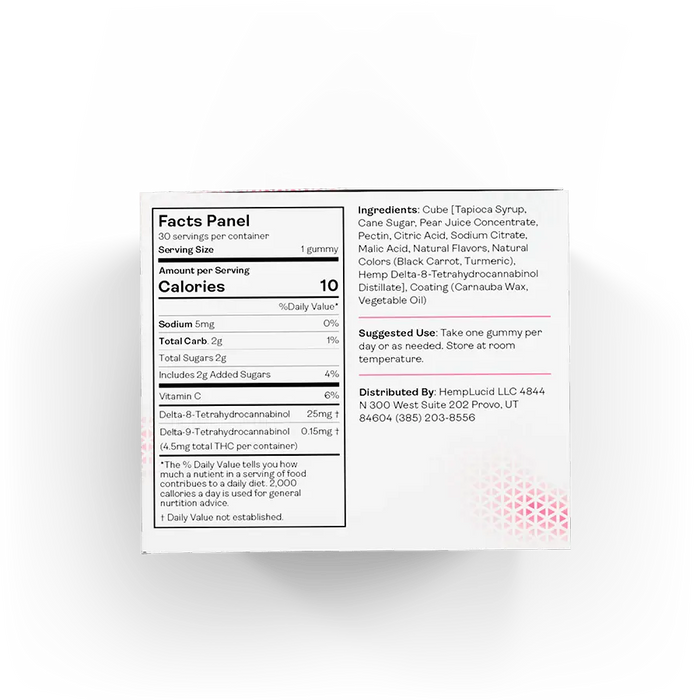 HempLucid Delta 8 THC Gummy Cubes Strawberry, facts panel | CBDdatabase.com