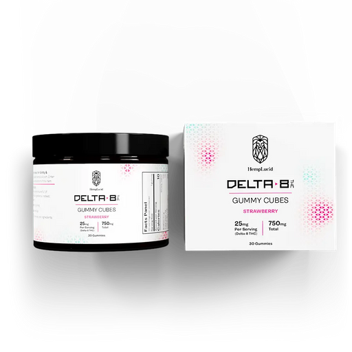 HempLucid Delta 8 THC Gummy Cubes Strawberry, jar and box | CBDdatabase.com