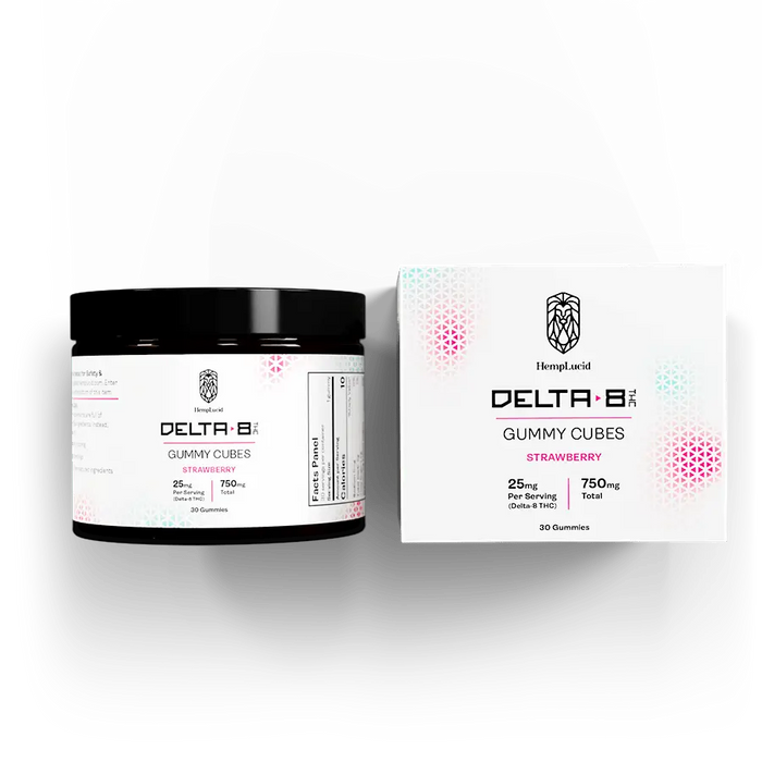 HempLucid Delta 8 THC Gummy Cubes Strawberry, jar and box | CBDdatabase.com