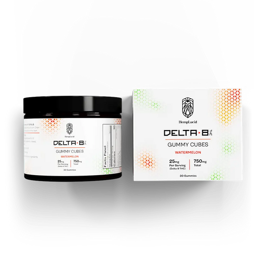 HempLucid Delta 8 THC Gummy Cubes Watermelon, jar and box | CBDdatabase.com