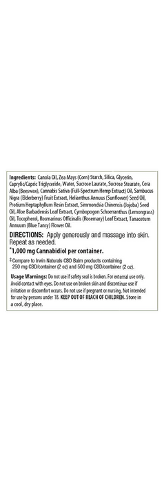 Irwin Naturals CBD Balm Lemongrass 1000mg label panel, Lemongrass listing | CBDdatabase.com