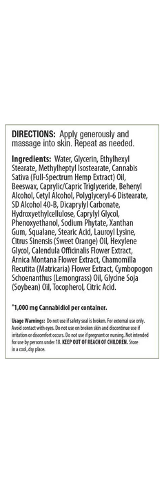 Irwin Naturals CBD Cream + Arnica 1000mg label panel | CBDdatabase.com