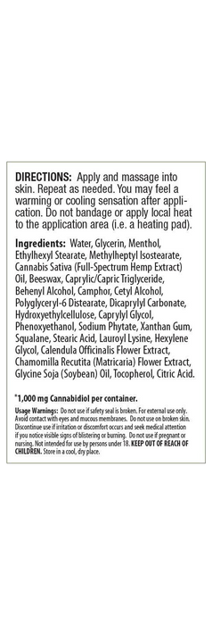 Irwin Naturals CBD Cream + Menthol 1000mg label panel | CBDdatabase.com