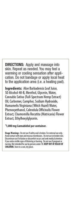 Irwin Naturals CBD Gel + Menthol 1000mg label panel | CBDdatabase.com