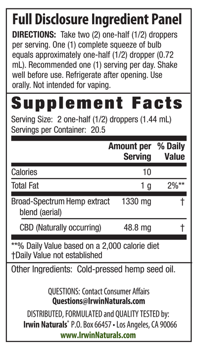 Irwin Naturals CBD Oil Unflavored 1000mg supplement facts | CBDdatabase.com